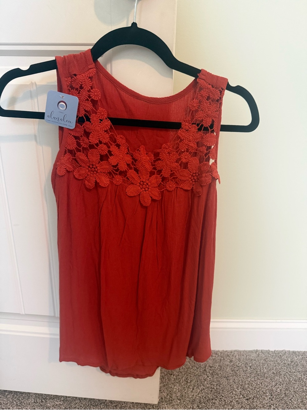 Aluna Levi Red Floral Crochet Yoke Sleeveless Top